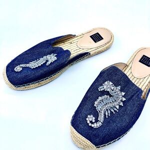 white house black market denim and rhinestones sandals